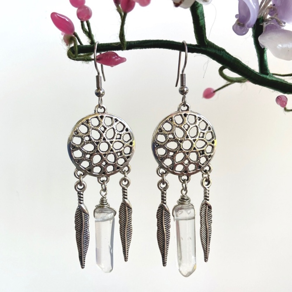 Genuine crystal quartz dream catcher earrings - Picture 4 of 9